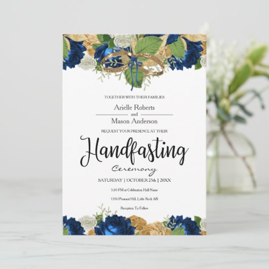 Navy Blue Rozen Boho Gold Handfasting Kaart (Staand voorkant)