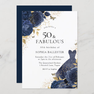 Navy Blue Rozen & Dress Gold 50 & Fabulous 50th Kaart
