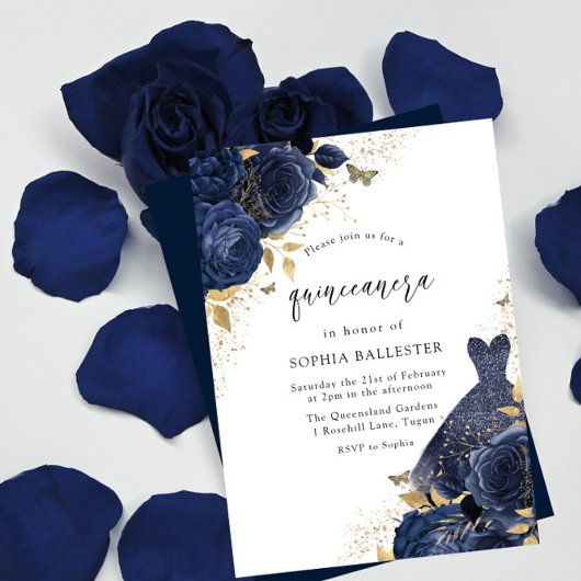 Navy Blue Rozen & Dress Gold Quinceanera Party Kaart