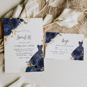 Navy Blue Rozen & Dress Gold Sweet 16 Party Kaart
