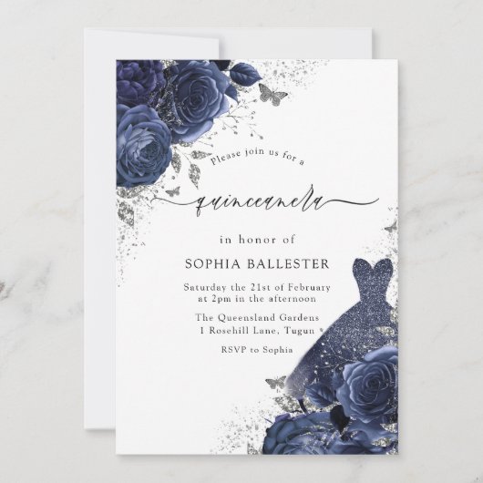Navy Blue Rozen & Dress Silver Quinceanera Party Kaart (Voorkant)