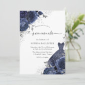 Navy Blue Rozen & Dress Silver Quinceanera Party Kaart (Staand voorkant)