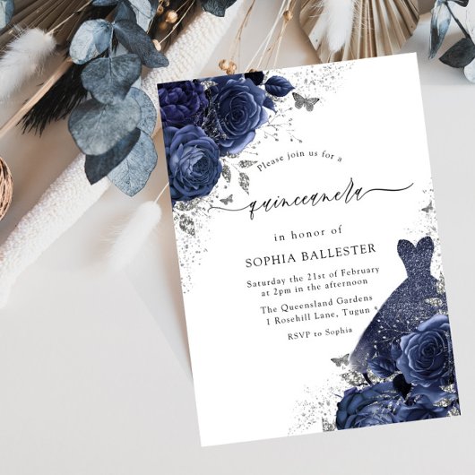 Navy Blue Rozen & Dress Silver Quinceanera Party Kaart