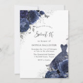 Navy Blue Rozen & Dress Silver Sweet 16 Party Kaart (Voorkant)