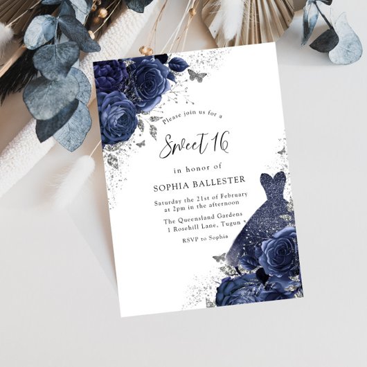 Navy Blue Rozen & Dress Silver Sweet 16 Party Kaart