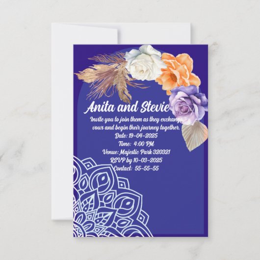 Navy Blue rozen en mandala bruiloft Kaart (Voorkant)