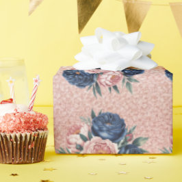 Navy Blue Rozen en Roos Gold Peony Wedding Cadeaupapier