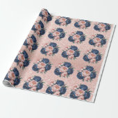 Navy Blue Rozen en Roos Gold Peony Wedding Cadeaupapier (Uitgerold)