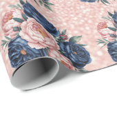 Navy Blue Rozen en Roos Gold Peony Wedding Cadeaupapier (Rol Hoek)