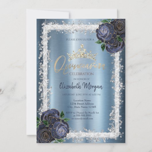 Navy Blue Rozen, Glitter Frame Kroon Metaal Kaart (Voorkant)
