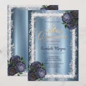 Navy Blue Rozen, Glitter Frame Kroon Metaal Kaart (Voorkant / Achterkant)