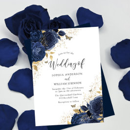 Navy Blue Rozen & Gold Butterflies Wedding Kaart