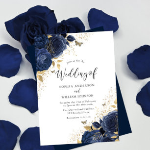 Navy Blue Rozen & Gold Butterflies Wedding Kaart