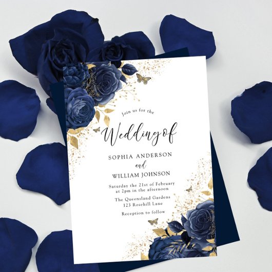 Navy Blue Rozen & Gold Butterflies Wedding Kaart