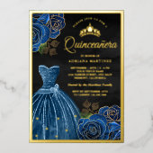 Navy Blue Rozen Gown Black Quinceanera Gold Folie Uitnodiging (Voorkant)