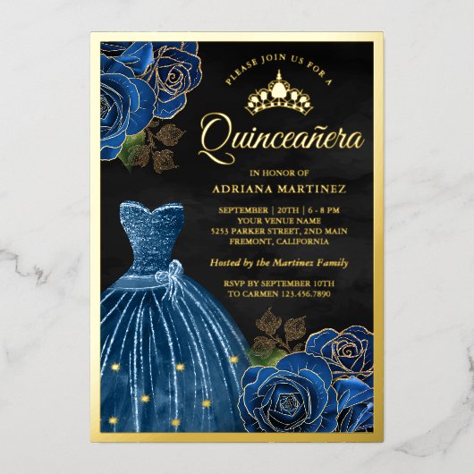 Navy Blue Rozen Gown Black Quinceanera Gold Folie Uitnodiging (Voorkant)