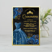 Navy Blue Rozen Gown Black Quinceanera Gold Folie Uitnodiging (Staand Voorkant)