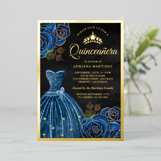 Navy Blue Rozen Gown Black Quinceanera Gold Folie Uitnodiging (Staand Voorkant)