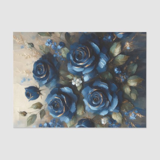 Navy Blue Rozen met Gold Impressionist Decoupage Tissuepapier (Voorkant)
