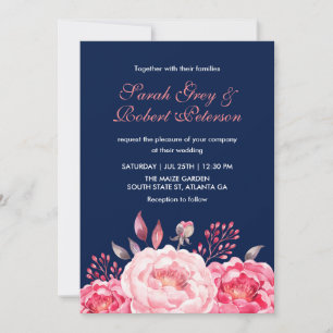 Navy Blue Rozen Stripes Floral Wedding Invitation Kaart