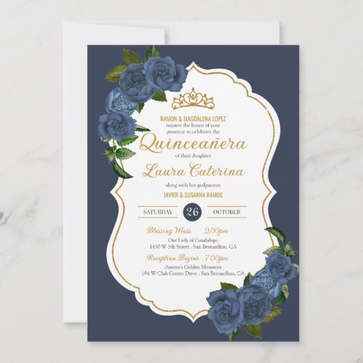 Navy Blue Rozen White en Gold Elegant Quinceanera Kaart (Voorkant)