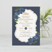 Navy Blue Rozen White en Gold Elegant Quinceanera Kaart (Staand voorkant)