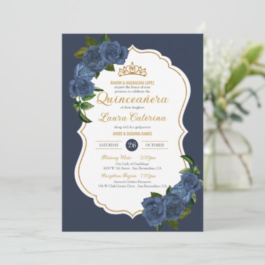 Navy Blue Rozen White en Gold Elegant Quinceanera Kaart (Staand voorkant)
