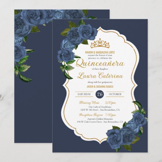Navy Blue Rozen White en Gold Elegant Quinceanera Kaart (Voorkant / Achterkant)