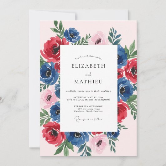 Navy Blue Ruby Blossoming Spring Wedding Kaart (Voorkant)