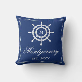 Navy Blue Rudder Monogram & Familienaam Kussen