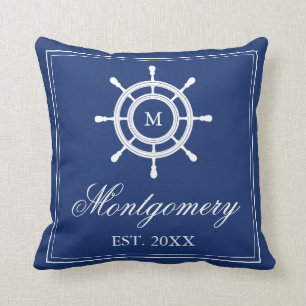 Navy Blue Rudder Monogram & Familienaam Kussen