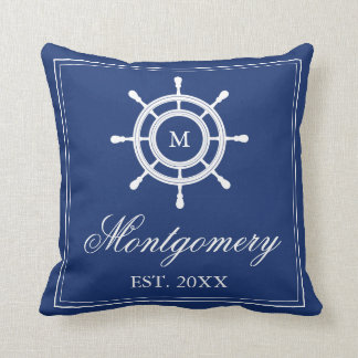 Navy Blue Rudder Monogram & Familienaam Kussen