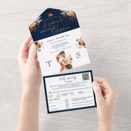Navy Blue Rust All-in-One QR Code Pampas Gras All In One Uitnodiging