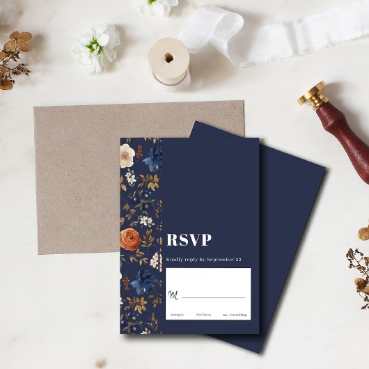 Navy Blue Rust Dark Boho Floral Wedding RSVP Kaartje