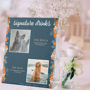 Navy Blue Rust Floral 2 foto Pet Signature Drink Reclamebord Met Voetstuk