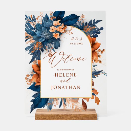 Navy Blue Rust Sinaasappel Elegant Huwelijk Welkom Acryl Bord (Voorkant)