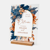 Navy Blue Rust Sinaasappel Elegant Huwelijk Welkom Acryl Bord (Hoek)