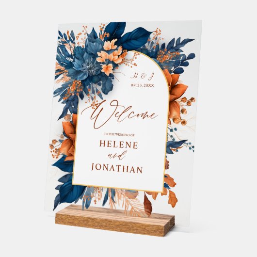 Navy Blue Rust Sinaasappel Elegant Huwelijk Welkom Acryl Bord (Hoek)