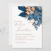 Navy Blue Rust Sinaasappel Floral Elegant Wedding Kaart (Voorkant)