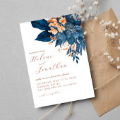 Navy Blue Rust Sinaasappel Floral Elegant Wedding Kaart