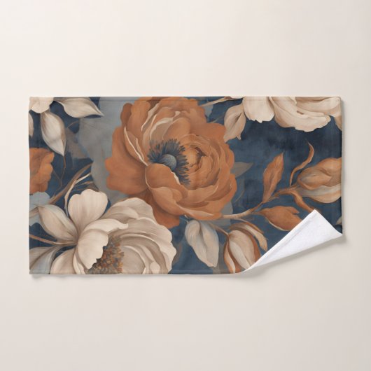 Navy Blue Rust Sinaasappel Moderne Boerderij Bloem Bad Handdoek (Handdoek)