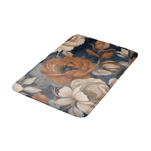 Navy Blue Rust Sinaasappel Moderne Boerderij Bloem Badmat (Gekanteld)