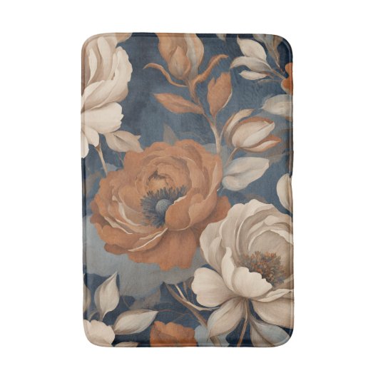 Navy Blue Rust Sinaasappel Moderne Boerderij Bloem Badmat (Voorkant Verticaal)