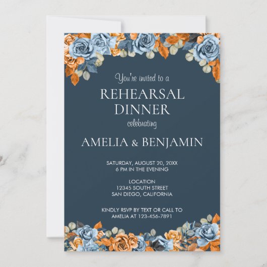 Navy Blue Rust Terracota Bruiloft repetitie diner Kaart (Voorkant)