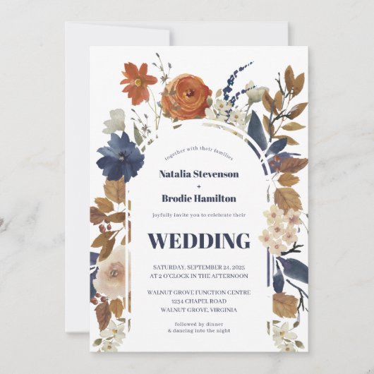 Navy Blue Rust Waterverf Boho Wedding Invitation Kaart (Voorkant)