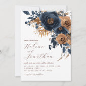 Navy Blue Rust Waterverf Floral Elegant Huwelijk Kaart (Voorkant)