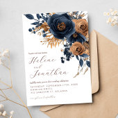 Navy Blue Rust Waterverf Floral Elegant Huwelijk Kaart