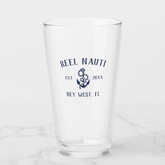 Navy Blue Rustic Anchor | Naam vaartuig Glas (Voorkant)