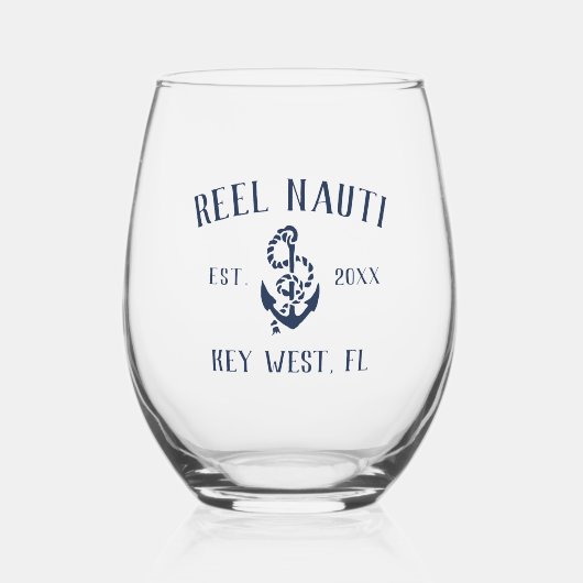 Navy Blue Rustic Anchor | Naam vaartuig Wijnglas Zonder Voet (Voorkant)