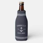 Navy Blue Rustic Anchor Personalized Beach House Flesjeskoeler (Fles Voorkant)